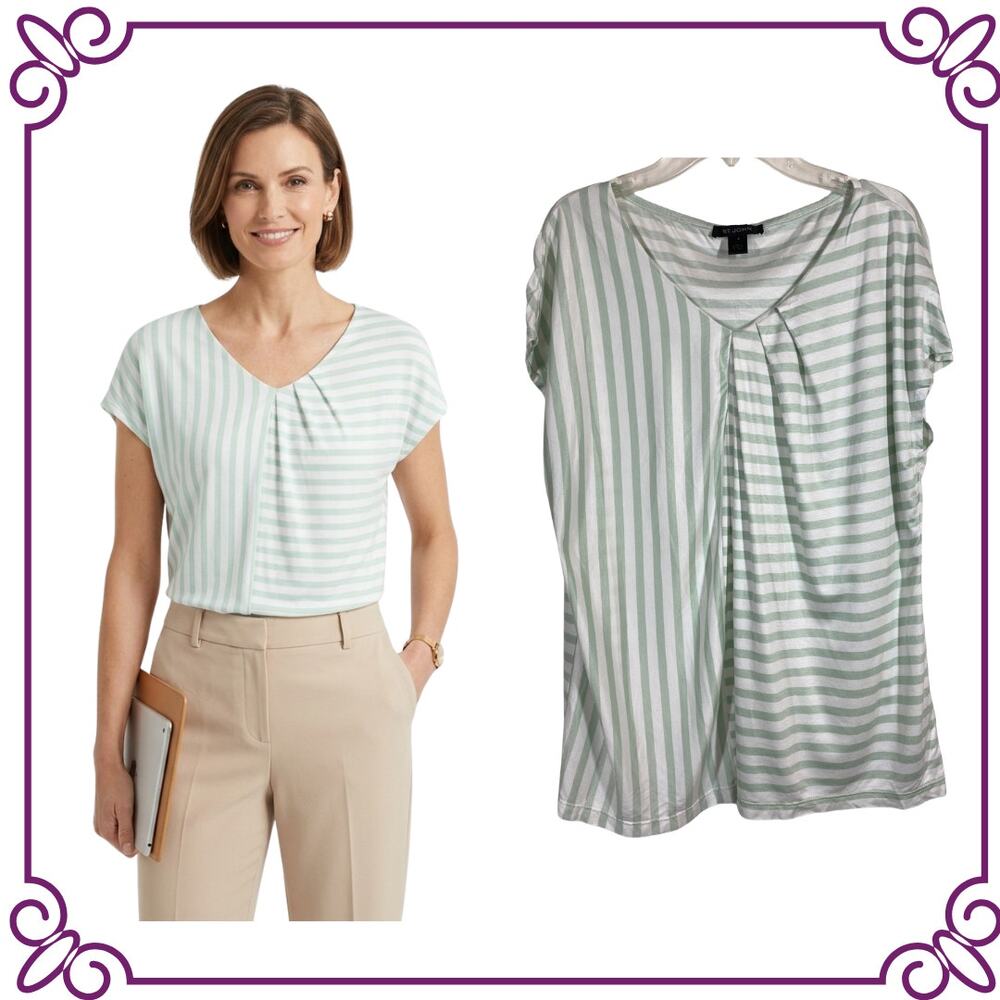 St. John Cap Sleeve V Neck White & Mint Green Stripes Top Blouse SMALL